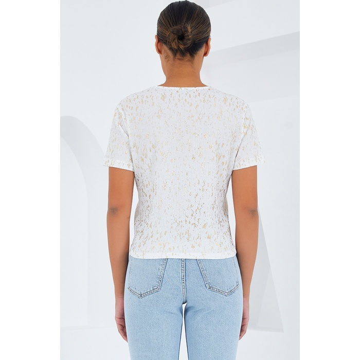 Kadın Ekru Varaklı Basic Tişört 909