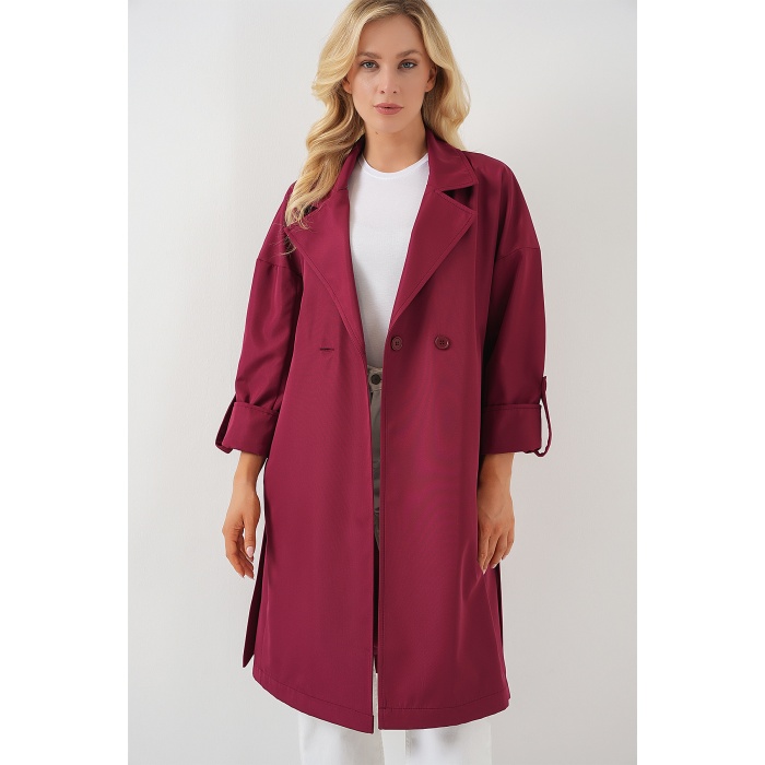 9104 Kruvaze Yaka Astarlı Trençkot - Bordo