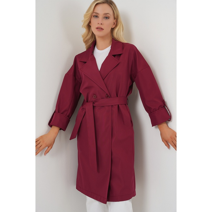9104 Kruvaze Yaka Astarlı Trençkot - Bordo