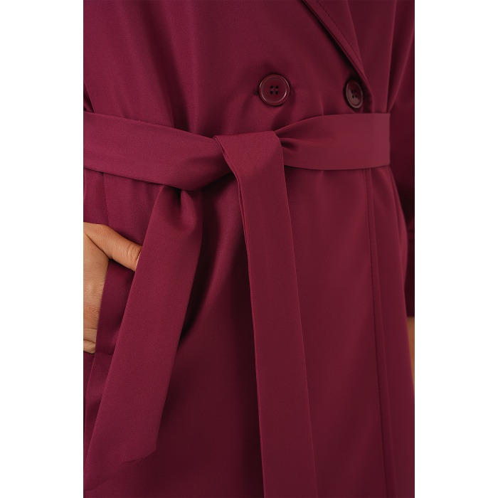9104 Kruvaze Yaka Astarlı Trençkot - Bordo