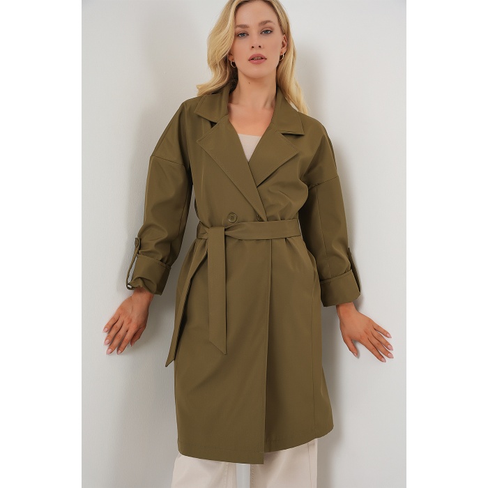 9104 Kruvaze Yaka Astarlı Trençkot - Haki