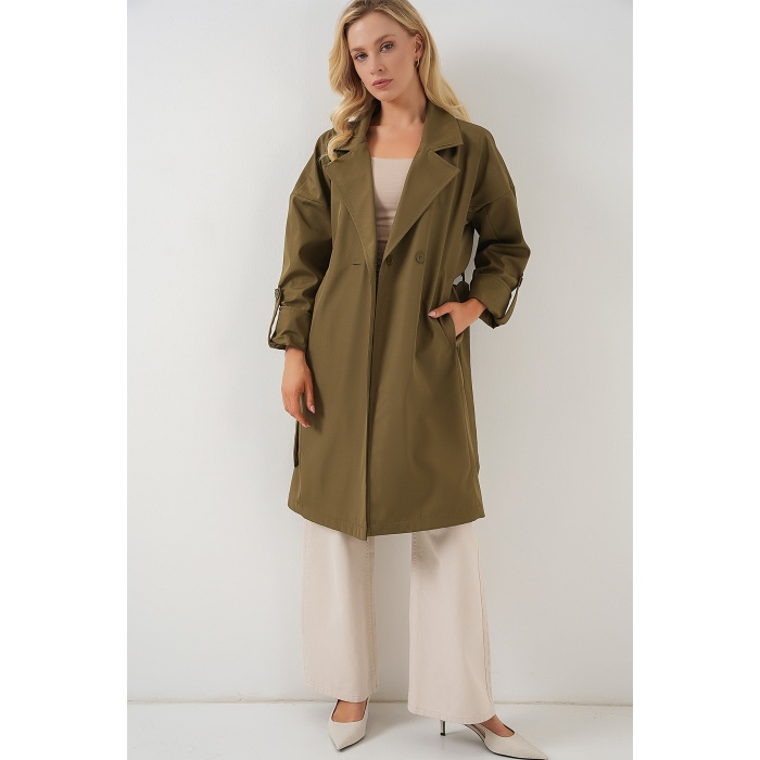 9104 Kruvaze Yaka Astarlı Trençkot - Haki