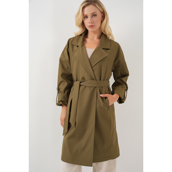 9104 Kruvaze Yaka Astarlı Trençkot - Haki