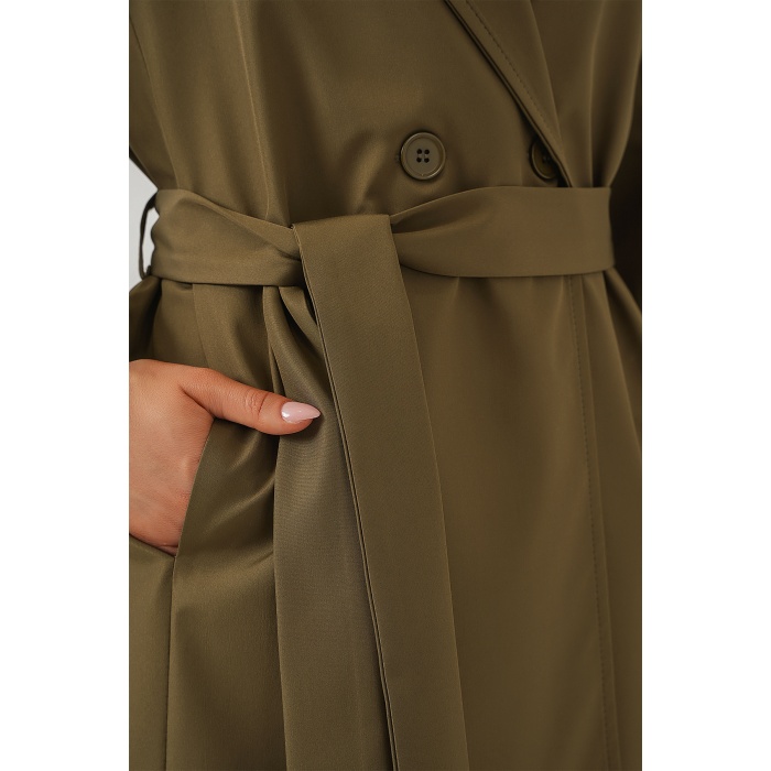 9104 Kruvaze Yaka Astarlı Trençkot - Haki