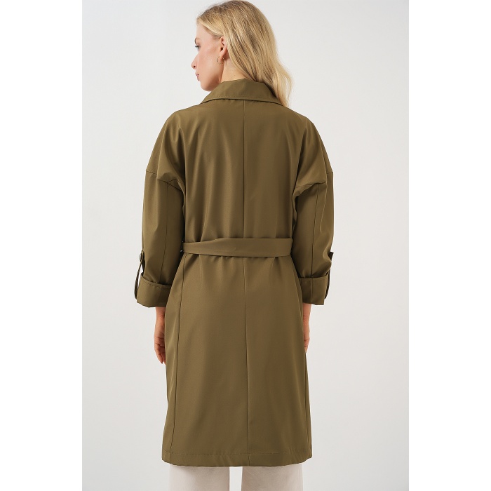 9104 Kruvaze Yaka Astarlı Trençkot - Haki