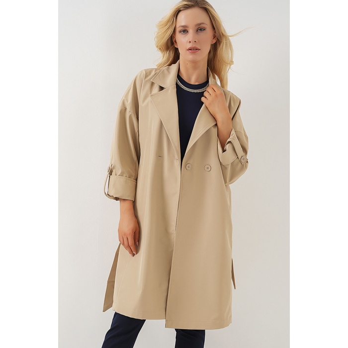 9104 Kruvaze Yaka Astarlı Trençkot - Bej