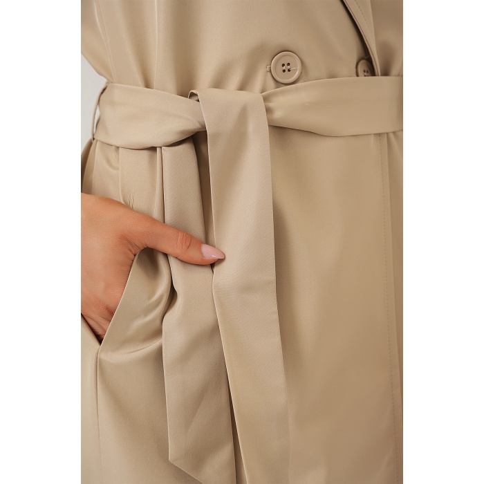 9104 Kruvaze Yaka Astarlı Trençkot - Bej