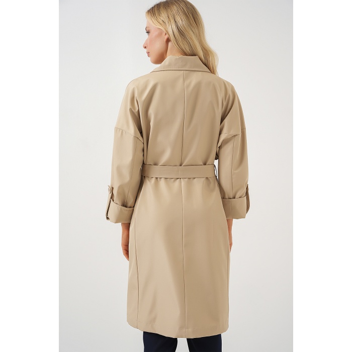 9104 Kruvaze Yaka Astarlı Trençkot - Bej