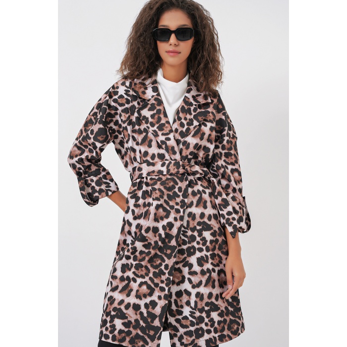 9104 Kruvaze Yaka Astarlı Trençkot - C. Kahverengi