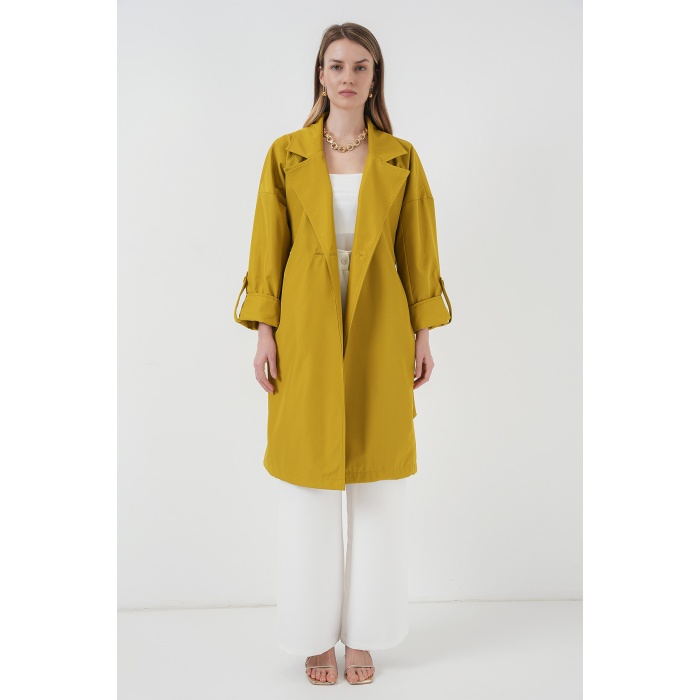 9104 Kruvaze Yaka Astarlı Trençkot - E.Yeşil