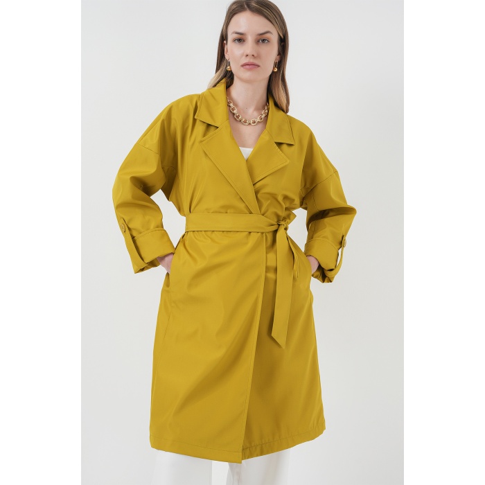 9104 Kruvaze Yaka Astarlı Trençkot - E.Yeşil