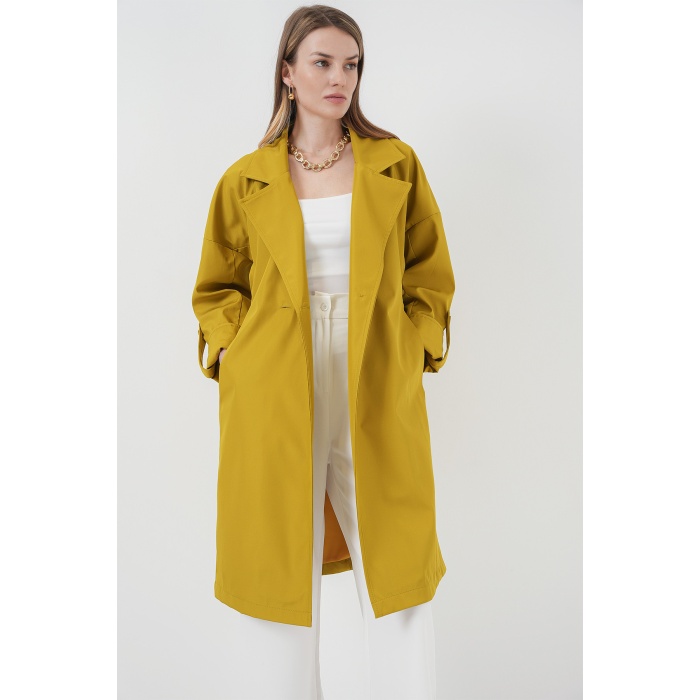 9104 Kruvaze Yaka Astarlı Trençkot - E.Yeşil