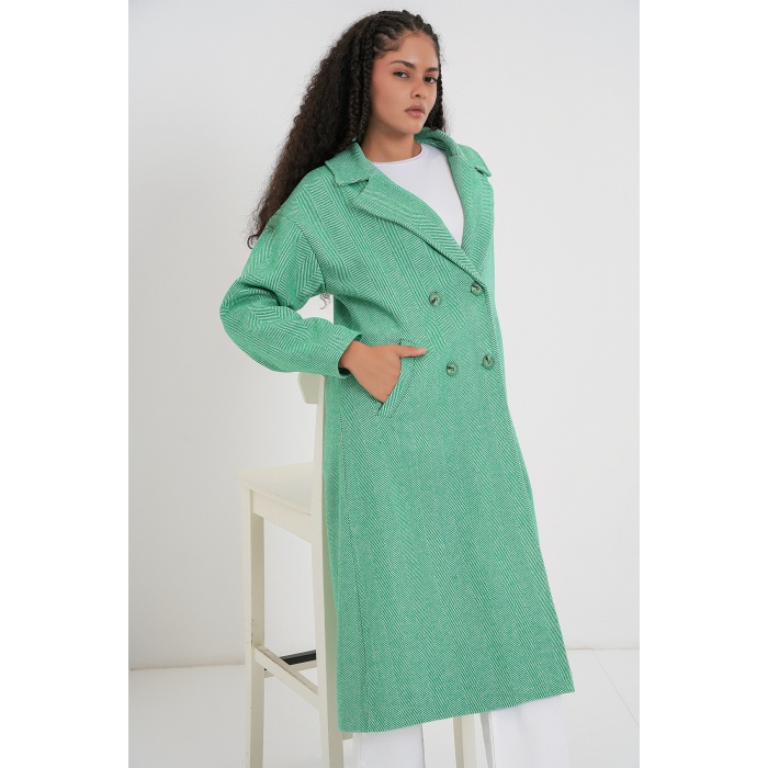 Yeşil Oversize Geniş Kesim Yünlü Uzun Kaşe Kaban 9113