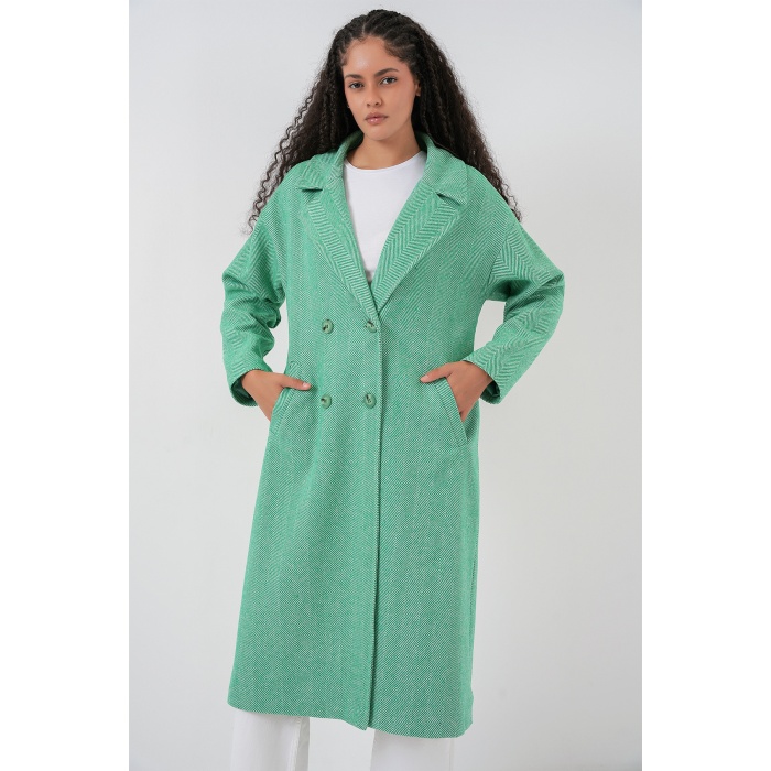 Yeşil Oversize Geniş Kesim Yünlü Uzun Kaşe Kaban 9113