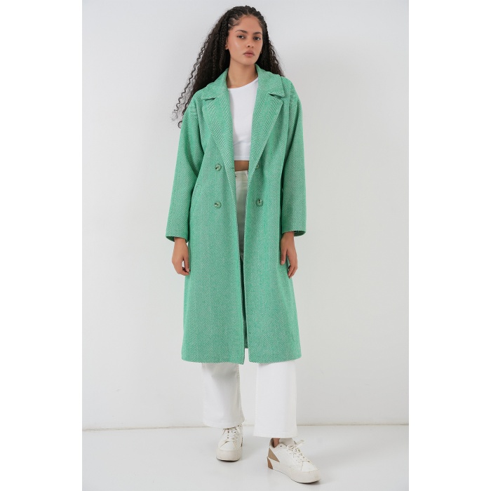 Yeşil Oversize Geniş Kesim Yünlü Uzun Kaşe Kaban 9113