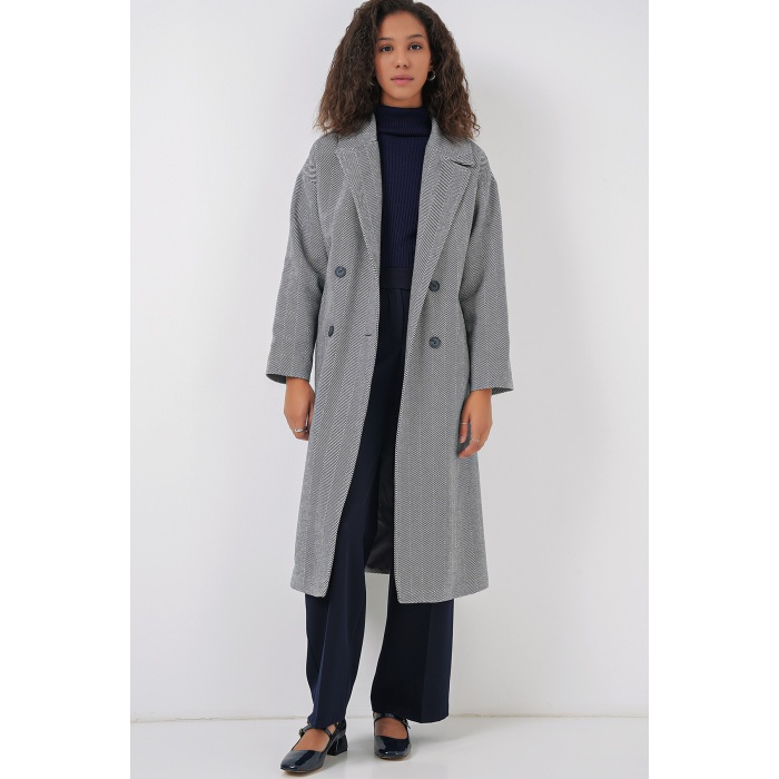 9113 Oversize Geniş Kesim Yünlü Uzun Kaşe Kaban - F.Lacivert