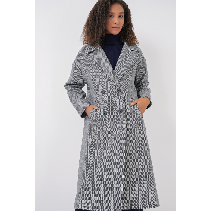 9113 Oversize Geniş Kesim Yünlü Uzun Kaşe Kaban - F.Lacivert