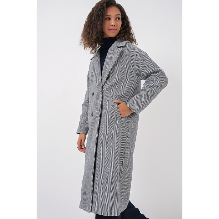 9113 Oversize Geniş Kesim Yünlü Uzun Kaşe Kaban - F.Lacivert