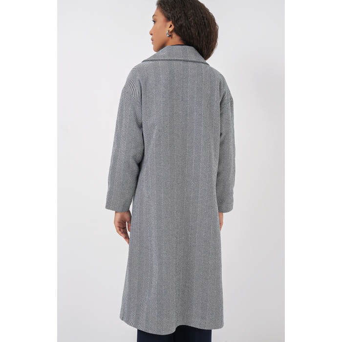 9113 Oversize Geniş Kesim Yünlü Uzun Kaşe Kaban - F.Lacivert