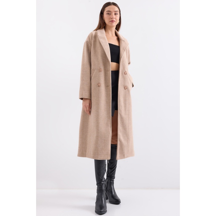 9113 Oversize Geniş Kesim Yünlü Uzun Kaşe Kaban - Bisküvi