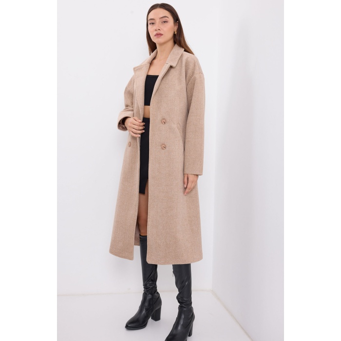 9113 Oversize Geniş Kesim Yünlü Uzun Kaşe Kaban - Bisküvi