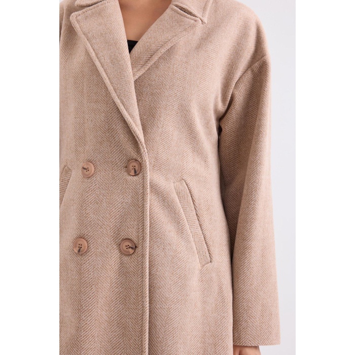 9113 Oversize Geniş Kesim Yünlü Uzun Kaşe Kaban - Bisküvi