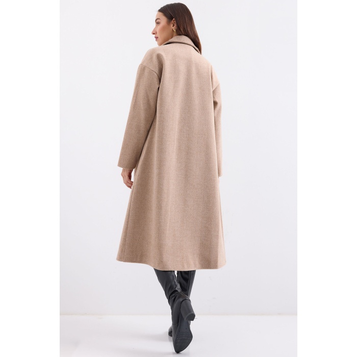 9113 Oversize Geniş Kesim Yünlü Uzun Kaşe Kaban - Bisküvi