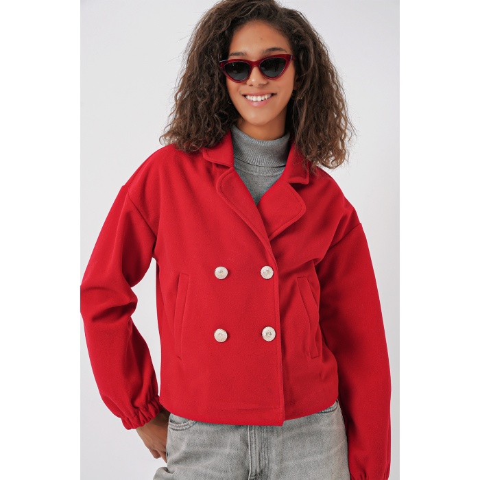 9117 Kruvaze Yaka Crop Ceket - Kırmızı