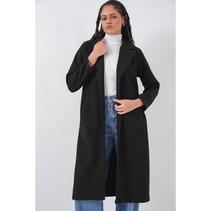 9118 Kruvaze Yaka Kaşe Kaban - Siyah