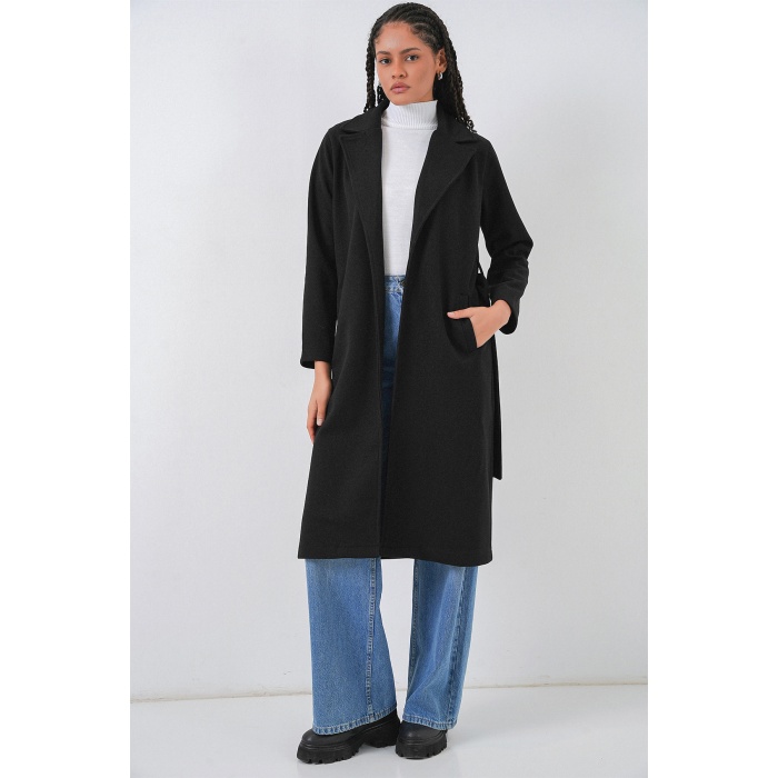 9118 Kruvaze Yaka Kaşe Kaban - Siyah