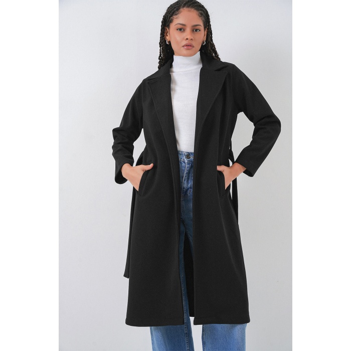 9118 Kruvaze Yaka Kaşe Kaban - Siyah