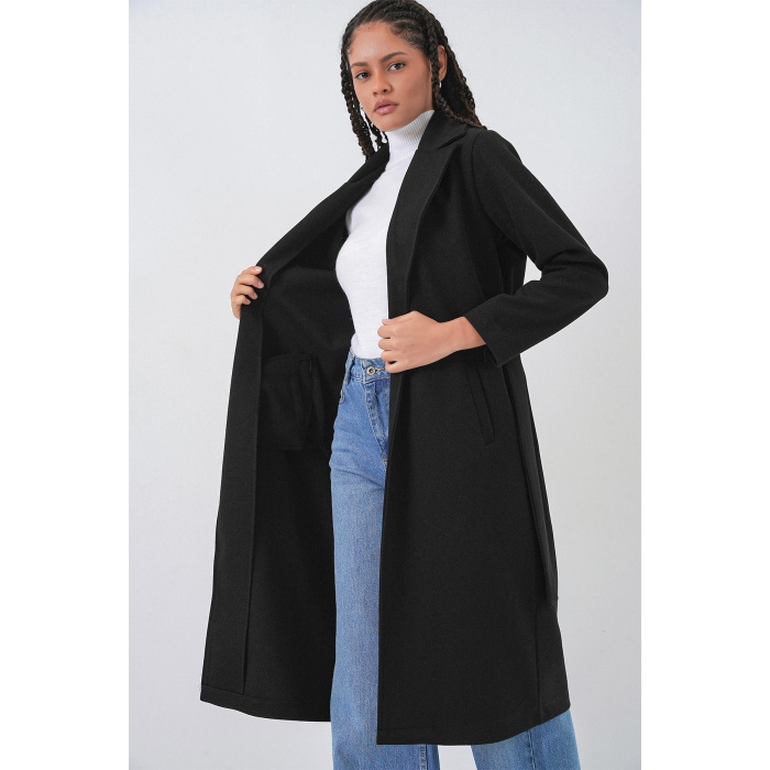 9118 Kruvaze Yaka Kaşe Kaban - Siyah