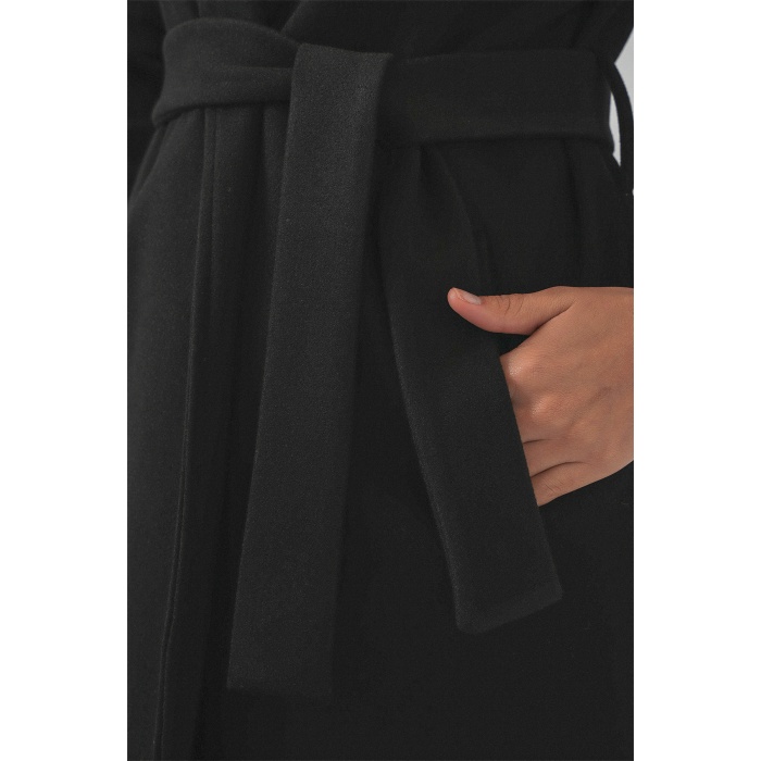 9118 Kruvaze Yaka Kaşe Kaban - Siyah