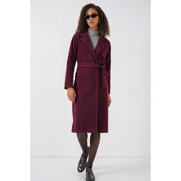 9118 Kruvaze Yaka Kaşe Kaban - Bordo