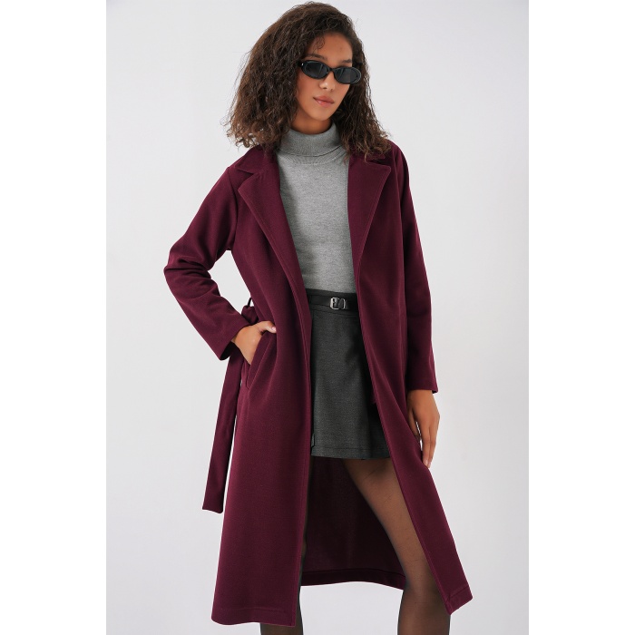 9118 Kruvaze Yaka Kaşe Kaban - Bordo
