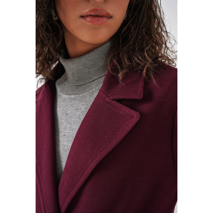 9118 Kruvaze Yaka Kaşe Kaban - Bordo