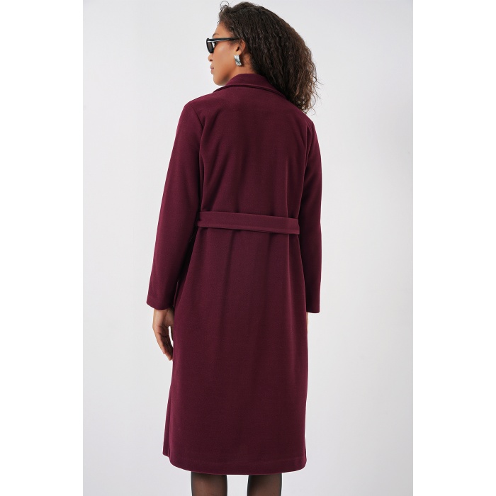 9118 Kruvaze Yaka Kaşe Kaban - Bordo