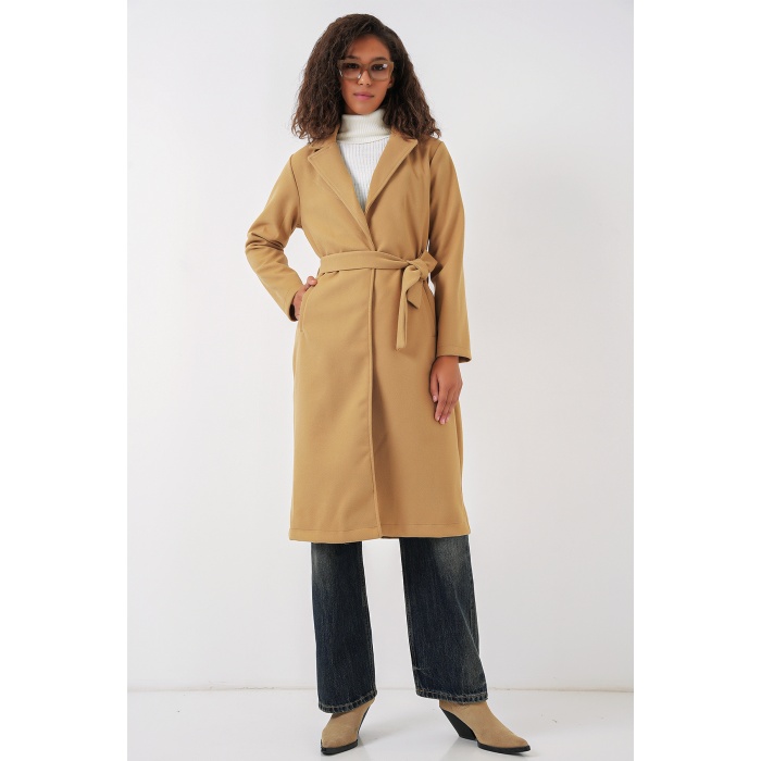 9118 Kruvaze Yaka Kaşe Kaban - Hardal