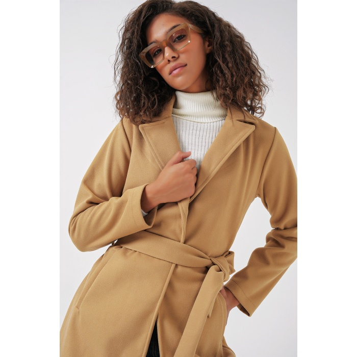 9118 Kruvaze Yaka Kaşe Kaban - Hardal