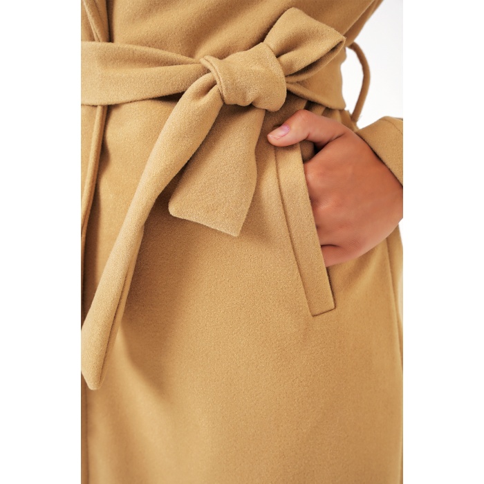 9118 Kruvaze Yaka Kaşe Kaban - Hardal