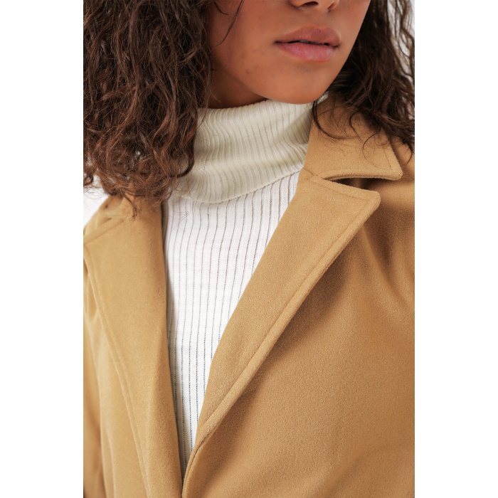 9118 Kruvaze Yaka Kaşe Kaban - Hardal