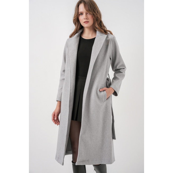 9118 Kruvaze Yaka Kaşe Kaban - A.Gri