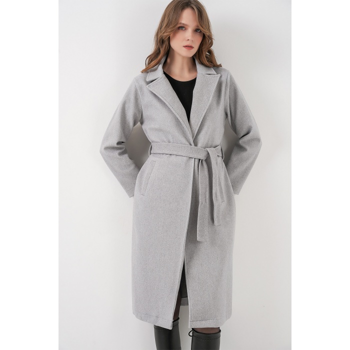 9118 Kruvaze Yaka Kaşe Kaban - A.Gri