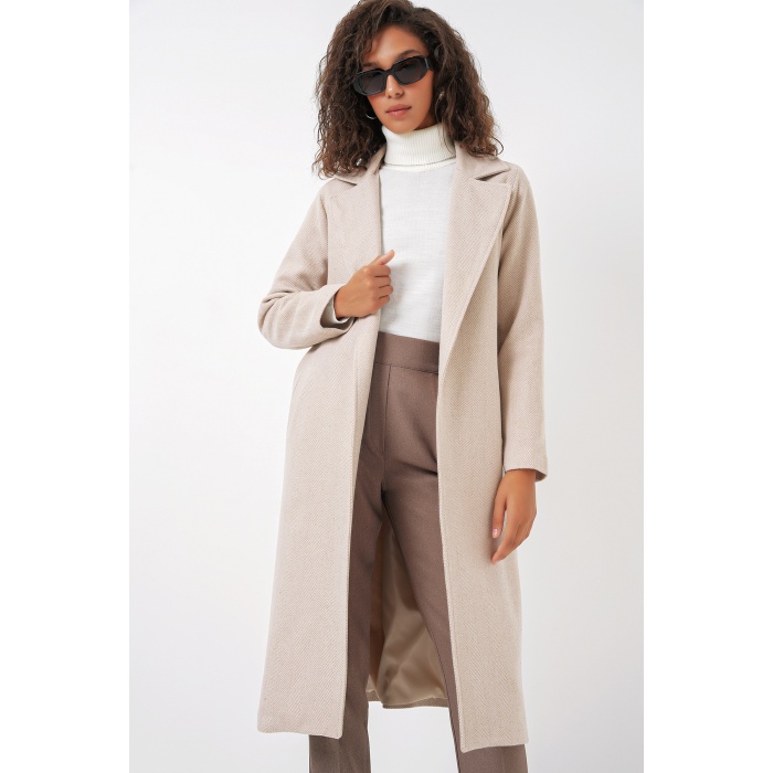 9118 Kruvaze Yaka Kaşe Kaban - Krem