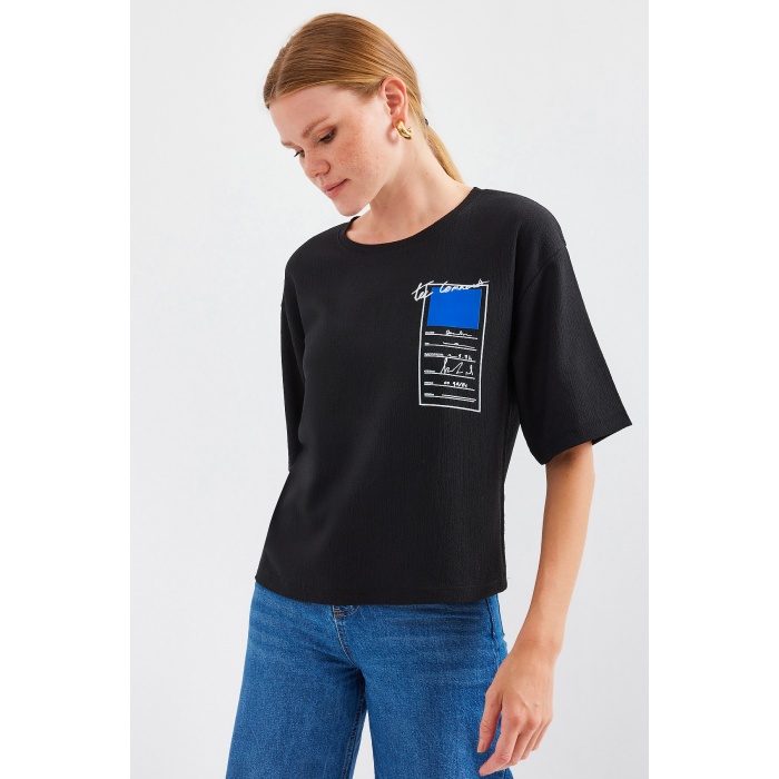 911 Baskılı Örme Basic Tişört - Siyah