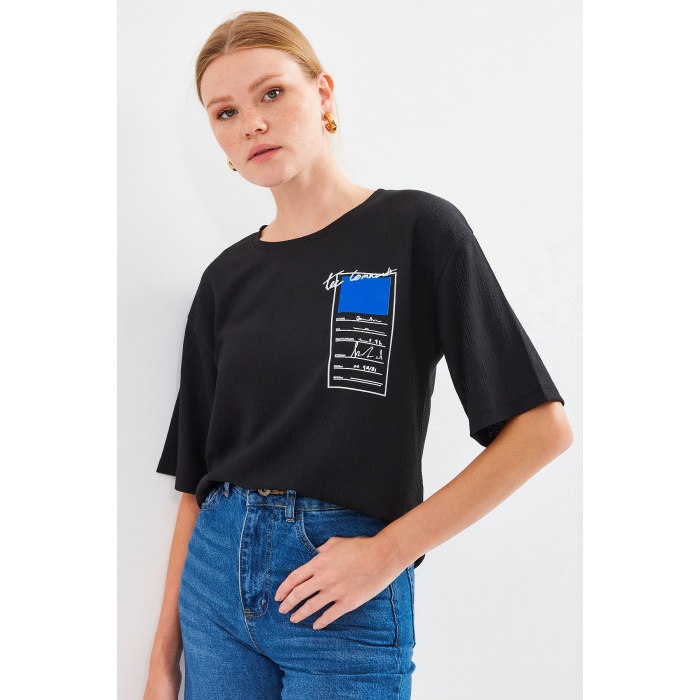 911 Baskılı Örme Basic Tişört - Siyah