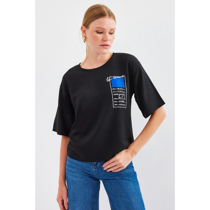 911 Baskılı Örme Basic Tişört - Siyah