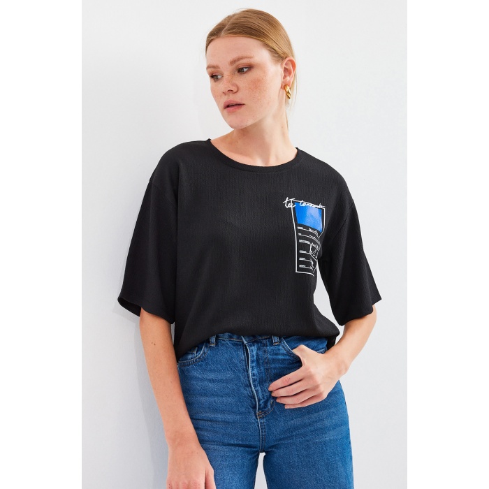 911 Baskılı Örme Basic Tişört - Siyah