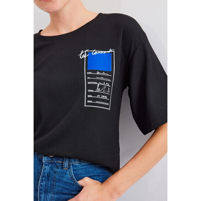 911 Baskılı Örme Basic Tişört - Siyah