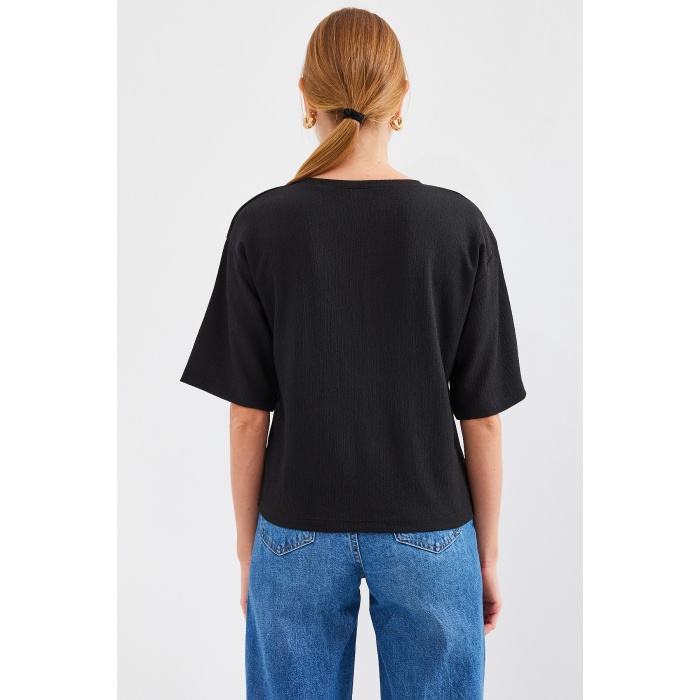 911 Baskılı Örme Basic Tişört - Siyah